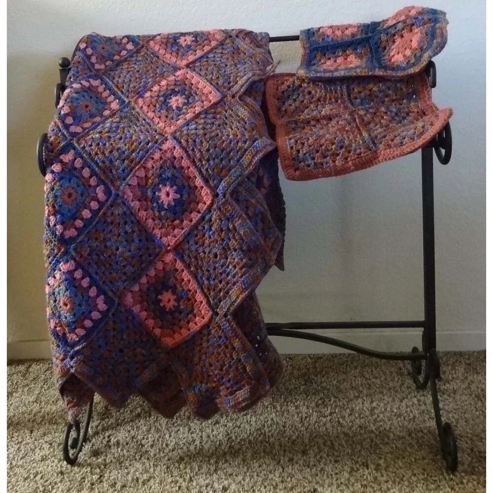 Handmade Crocheted Afghan with Pillow Covers Variegated Colors